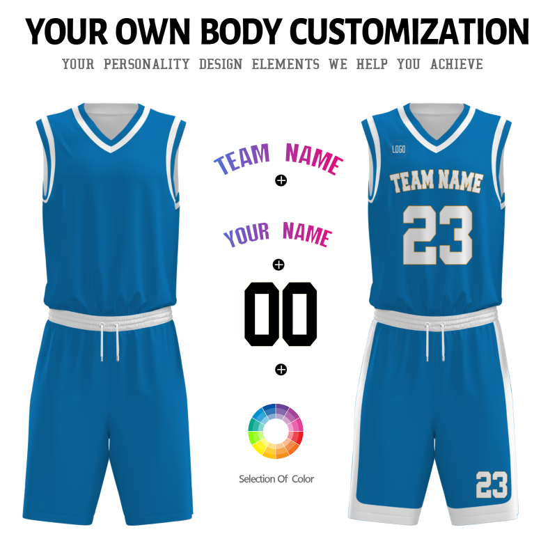 Custom Blue White-Orange V-Neck Authentic Team Basketball Set