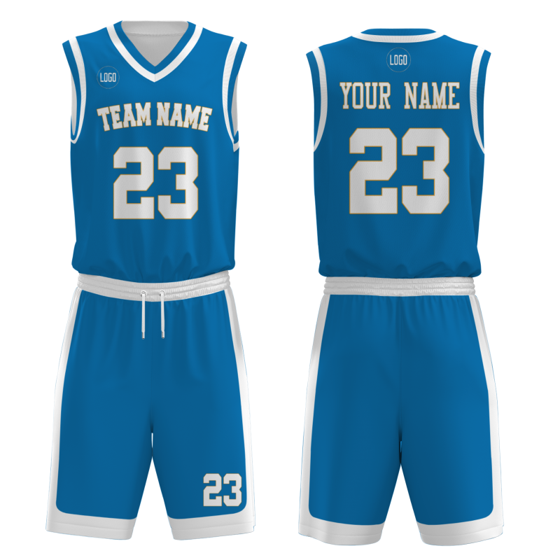 Custom Blue White-Orange V-Neck Authentic Team Basketball Set