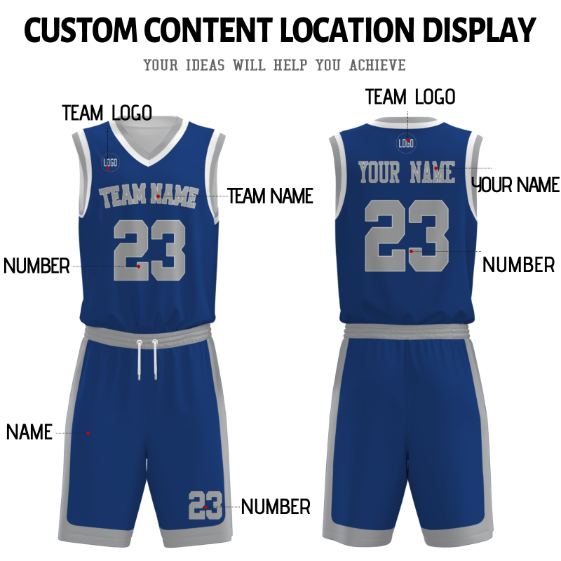 Custom Navy Blue Gray-White V-Neck Authentic Team Basketball Set