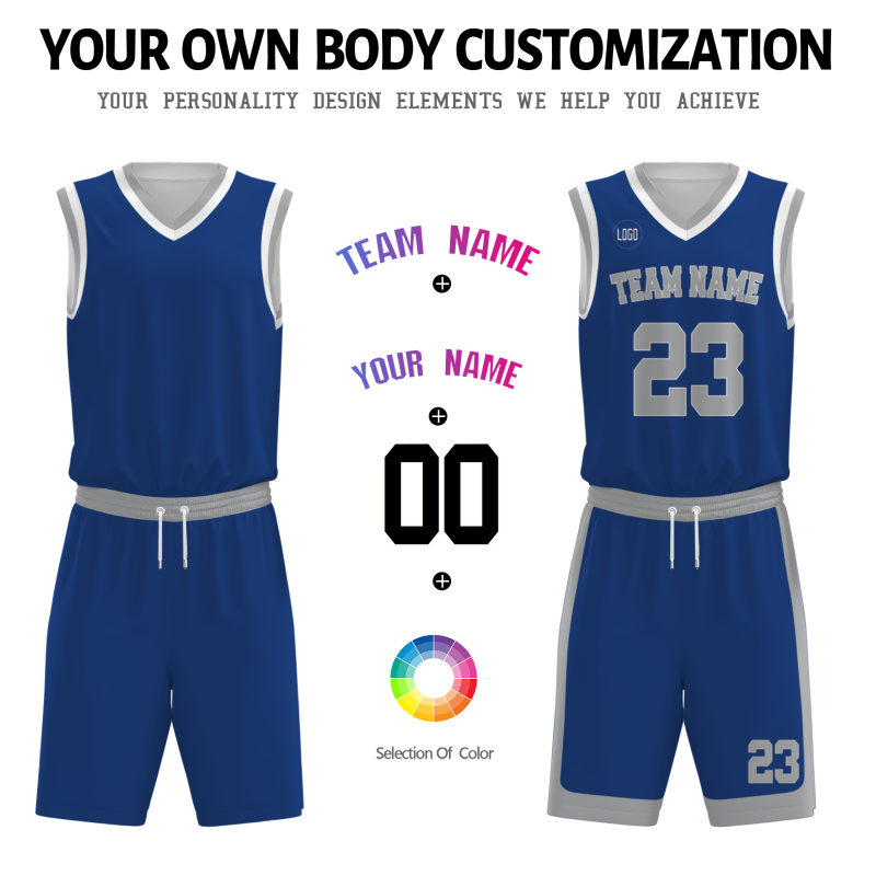 Custom Navy Blue Gray-White V-Neck Authentic Team Basketball Set