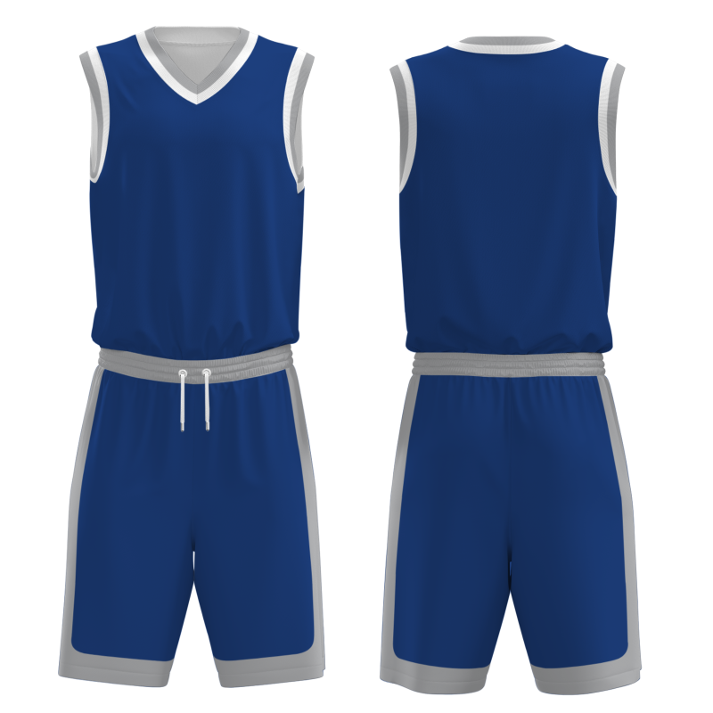 Custom Navy Blue Gray-White V-Neck Authentic Team Basketball Set