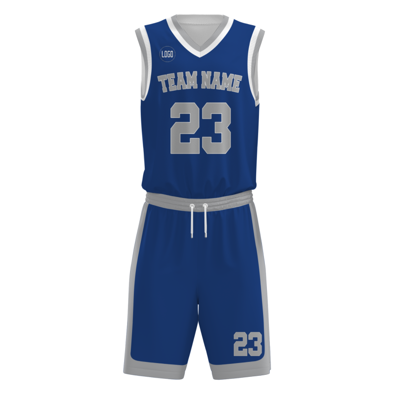 Custom Navy Blue Gray-White V-Neck Authentic Team Basketball Set