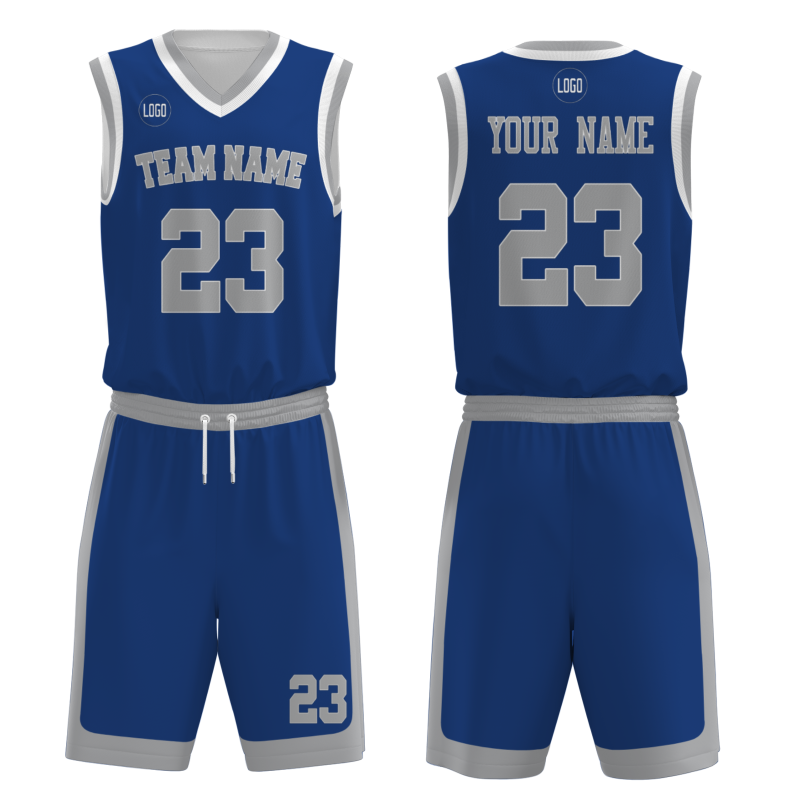 Custom Navy Blue Gray-White V-Neck Authentic Team Basketball Set