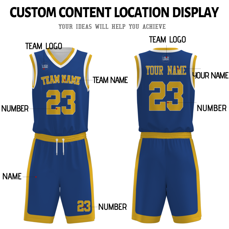 Custom Dark Blue Gold-White V-Neck Authentic Team Basketball Set