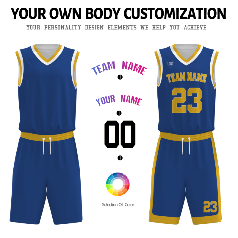 Custom Dark Blue Gold-White V-Neck Authentic Team Basketball Set