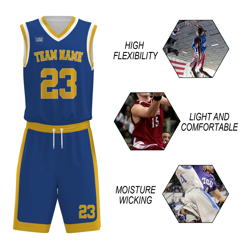 Custom Dark Blue Gold-White V-Neck Authentic Team Basketball Set