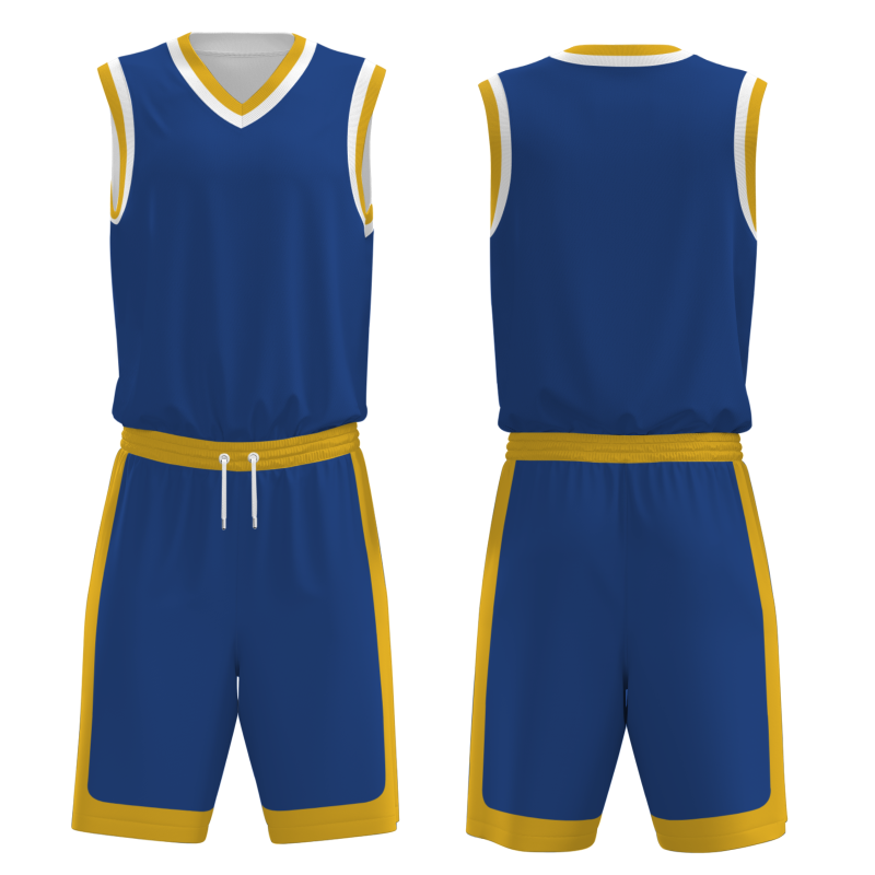 Custom Dark Blue Gold-White V-Neck Authentic Team Basketball Set