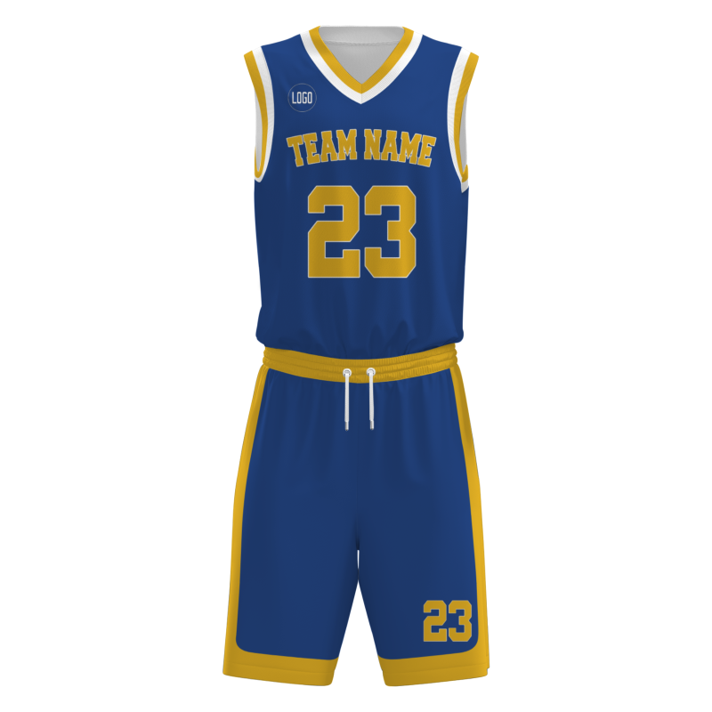 Custom Dark Blue Gold-White V-Neck Authentic Team Basketball Set