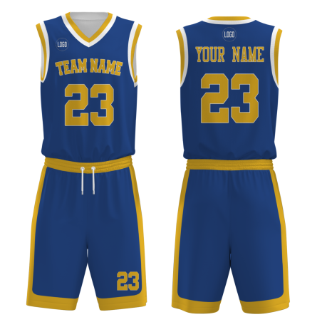 Custom Dark Blue Gold-White V-Neck Authentic Team Basketball Set