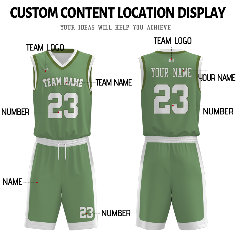 Custom light Green White V-Neck Authentic Team Basketball Set