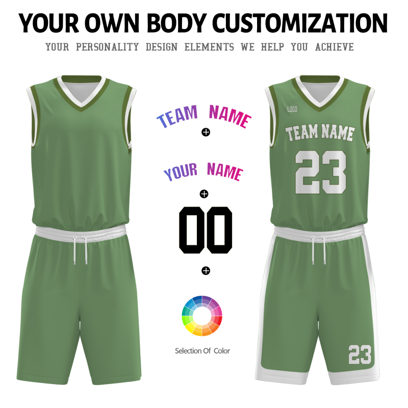 Custom light Green White V-Neck Authentic Team Basketball Set