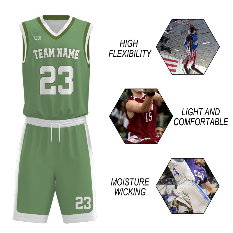 Custom light Green White V-Neck Authentic Team Basketball Set