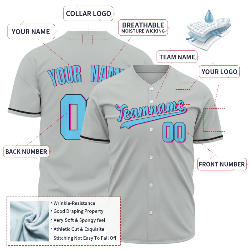 Custom Gray Sky Blue-Black Font 3D Fashion Authentic Baseball Jersey