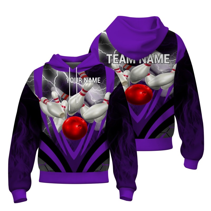 Custom Purple Black White Bowling Style Personalized Uniform Pullover Hoodie