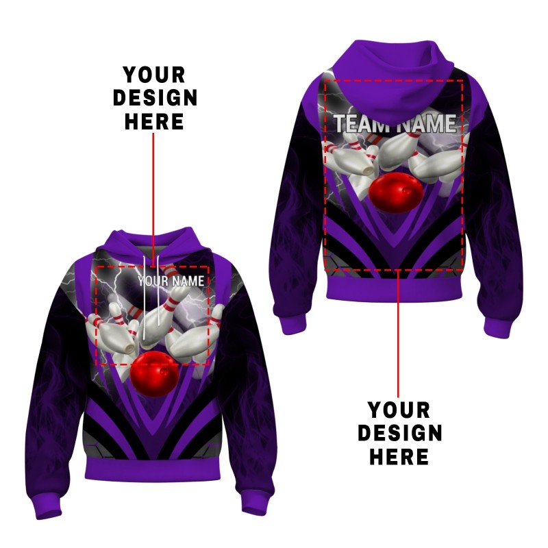 Custom Purple Black White Bowling Style Personalized Uniform Pullover Hoodie