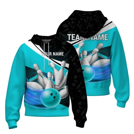 Custom Aqua Black White-Black Bowling Style Personalized Uniform Pullover Hoodie