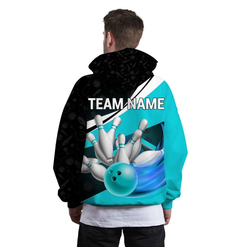 Custom Aqua Black White-Black Bowling Style Personalized Uniform Pullover Hoodie