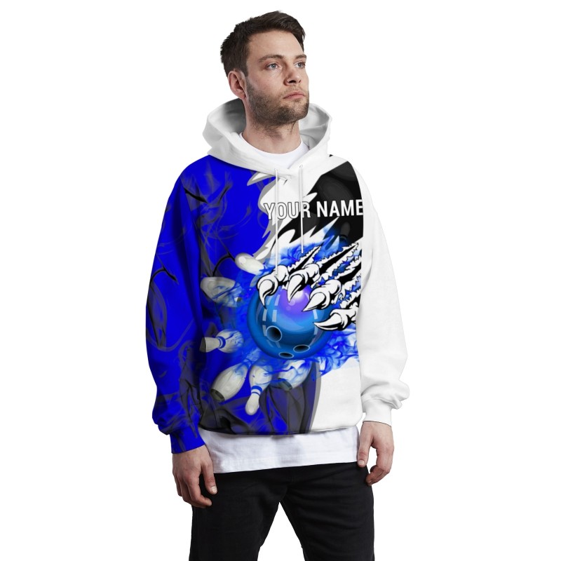 Custom Blue White White-Black Bowling Style Personalized Uniform Pullover Hoodie