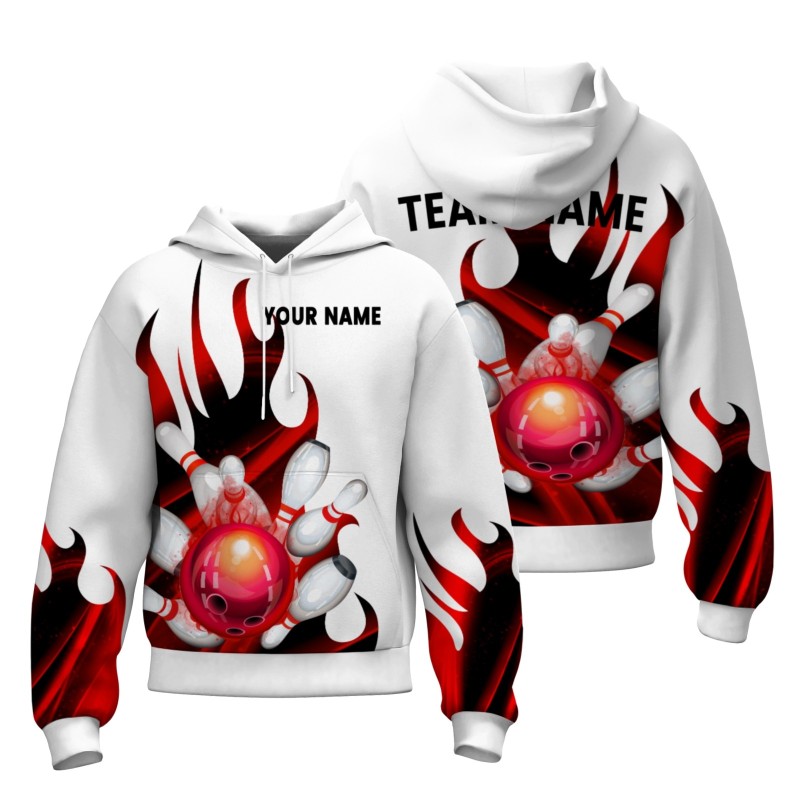 Custom White Red Black Bowling Style Personalized Uniform Pullover Hoodie