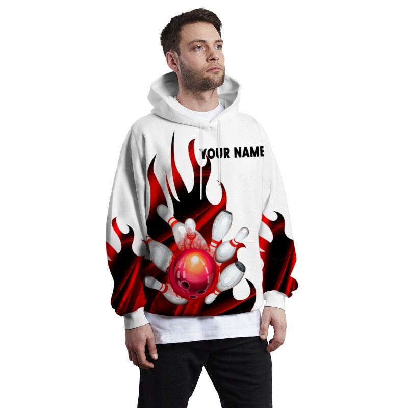 Custom White Red Black Bowling Style Personalized Uniform Pullover Hoodie