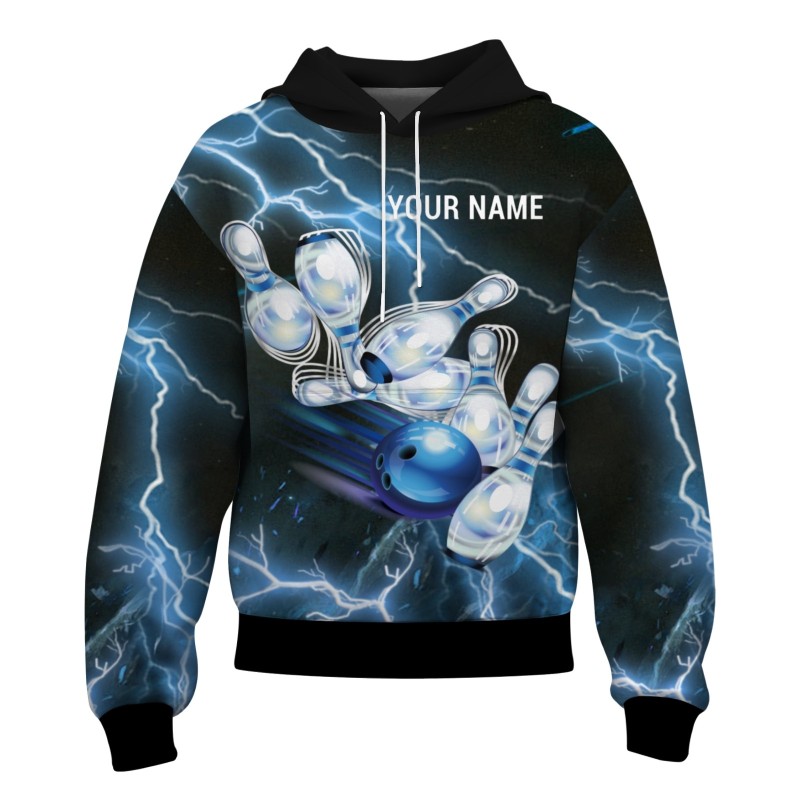 Custom Black Blue White Bowling Style Personalized Uniform Pullover Hoodie