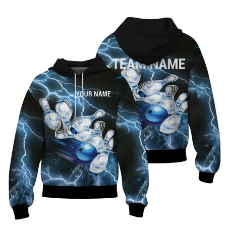 Custom Black Blue White Bowling Style Personalized Uniform Pullover Hoodie