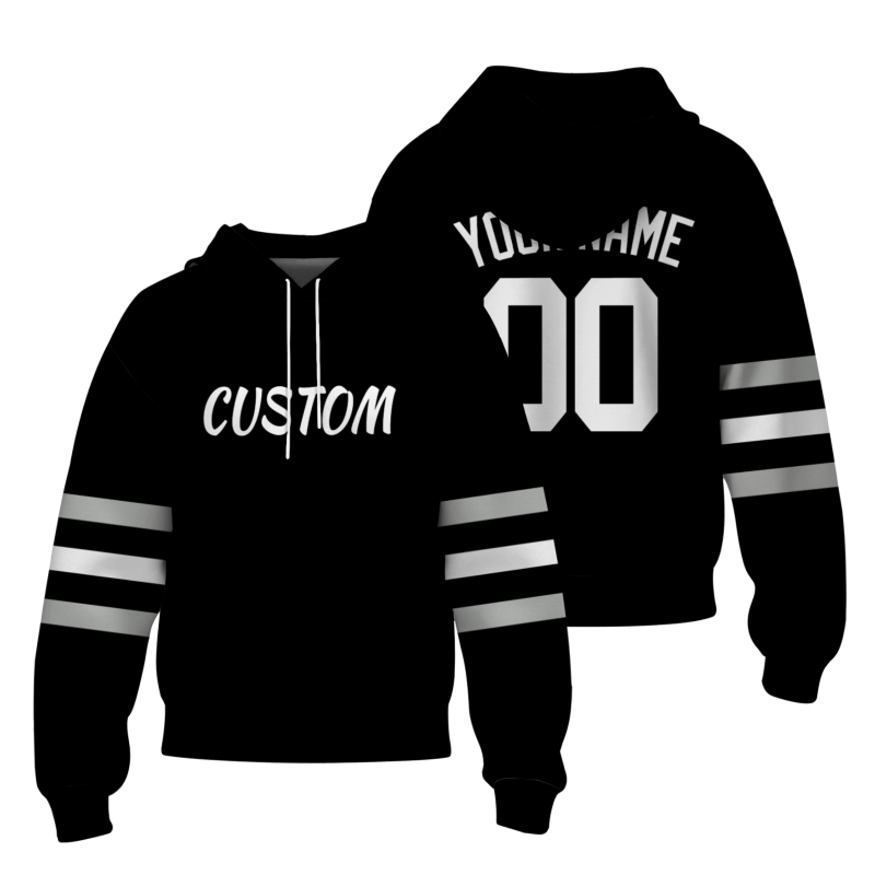 Custom Black White with Sleeves Stripes Classic Style Personalized Sport Pullover Hoodie