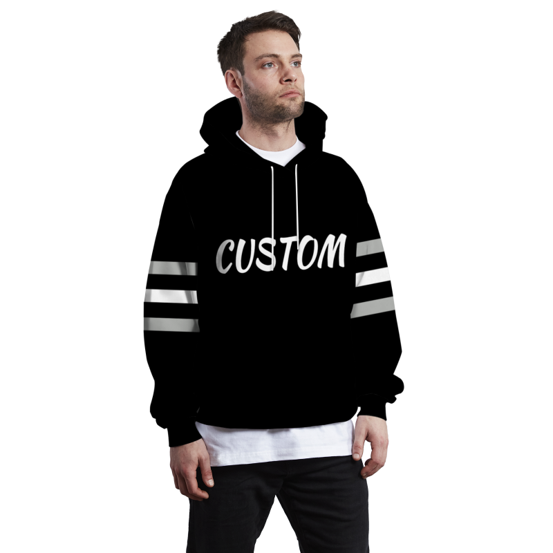 Custom Black White with Sleeves Stripes Classic Style Personalized Sport Pullover Hoodie